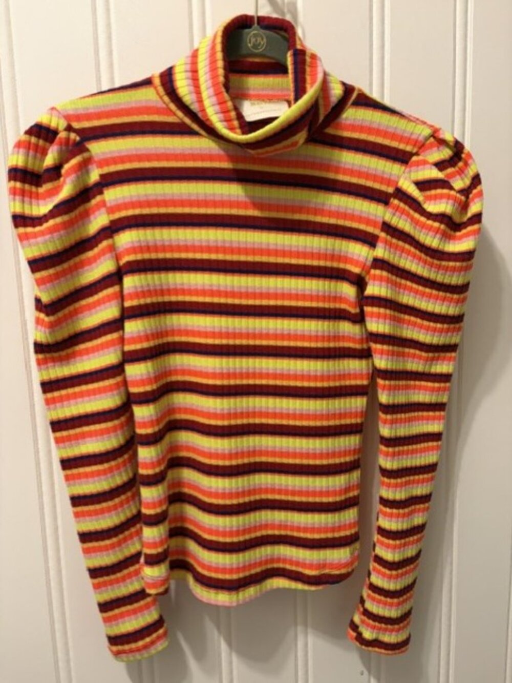 Maeve Anthropologie Striped Puff Sleeve Turtleneck Top Retro Y2K Small